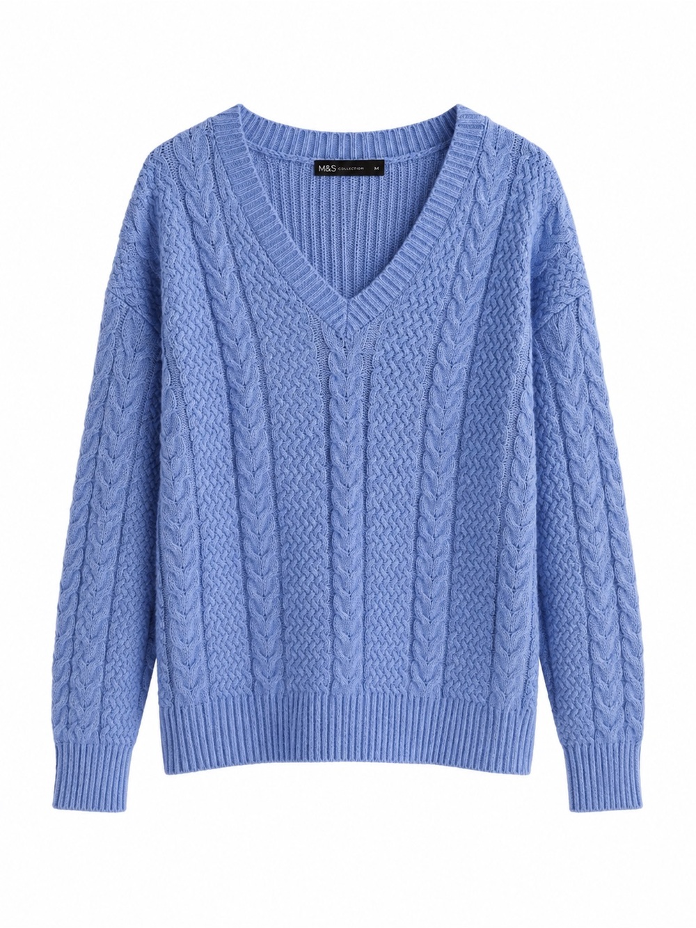 Marks & Spencer Lavender Blue Cable V-Neck Sweater